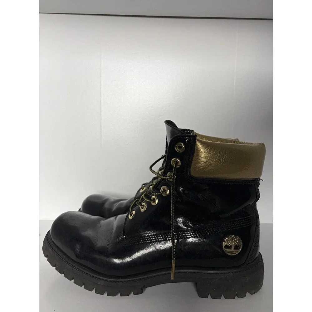 Timberland 6 Inch Boots Mens 10.5 Wide Black Patent Gold PrimaLoft 400g